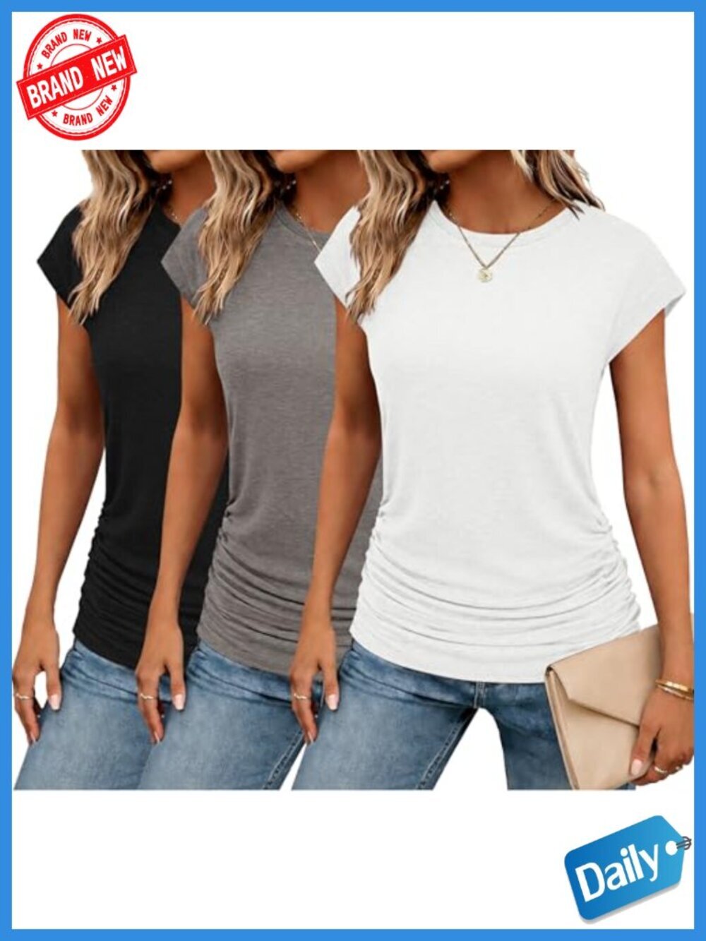 Ruched Tunic Tee Cap Sleeve Crew Neck Stretchy Blouse